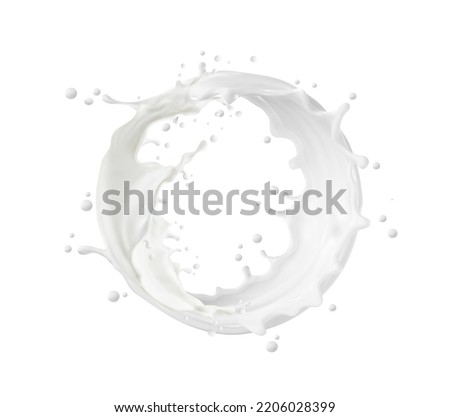 Circle milk, yougurt or cream wave flow splash. Isolated vector round milky frame with splatters. Realistic white dairy product fluid with drops. Liquid flow stream, drink 3d wave splash