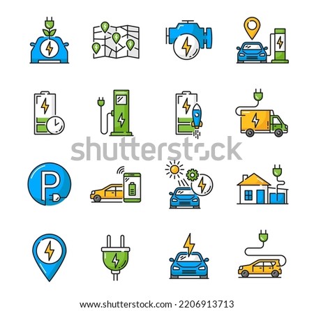 Electric car charge color icons. EV vehicle battery power recharge hybrid car charging station outline vector icons set with charging stations map, power plug and electric automobile engine symbols