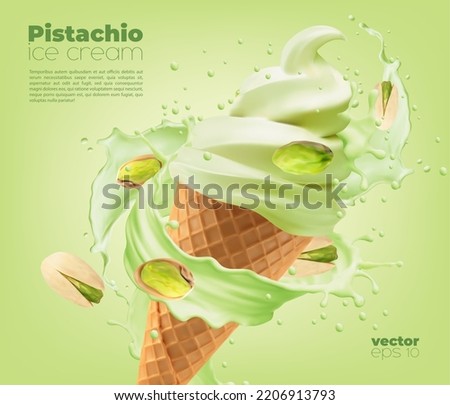 Realistic pistachio ice cream cone with splash and nuts, vector dessert ad template. Pistachio flavor ice cream in wafer cone with nuts topping, flow wave and drops splatter, iecream advertising
