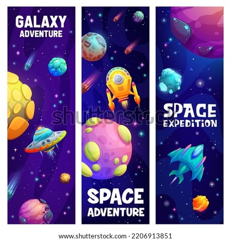 Space expedition and galaxy adventure. Spacecrafts in starry universe. Cartoon vector banners with alien ufo saucer, rockets, planets and asteroids in space. Kids bookmarks with fantasy space planets