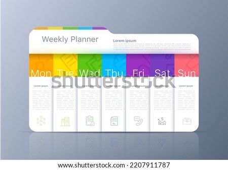 Week timeline planner schedule, diary calendar. Vector weekly seven days timetable template from Monday to Sunday. 3d business layout design, infographics chart or folder with marketing icons
