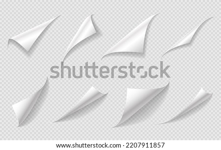 Curly paper page corners, sheet curls and turn folds or sticker flips with shadow, realistic vector. White blank paper page corners with curl peel edges, book page rolled up or curly bent paper sheet