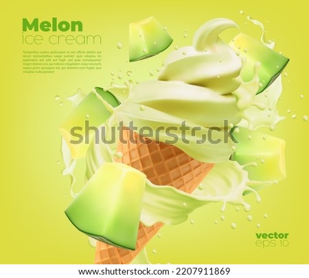 Melon soft ice cream cone with splash, vector summer dessert and milk product advertising. Soft ice cream with melon flavor, frozen icecream scoop in wafer or waffle cone, cold dairy fruit dessert