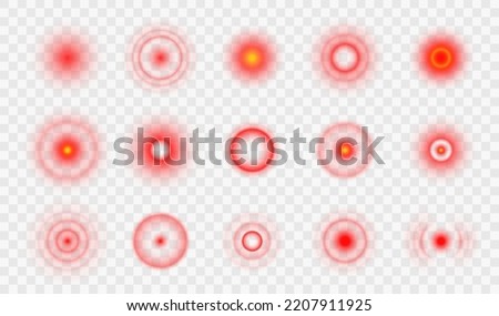 Pain point circle icons, red targets of muscle, body or stomach pain spots, vector symbols. Pain points or radial red circle icons for painkiller pills or inflammation ache medicine and drugs package