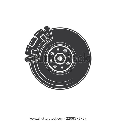 Brake disk with caliper isolated auto moto part monochrome icon. Vector automobile braking system, aeration steel brake disk with perforation and piston calipers and pads. Component of wheel