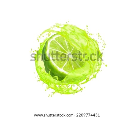 Bergamot fruit slice with juice splash. Citrus fruit juice swirl or spill with droplets, isolated vitamin beverage splash with bubbles, bergamot orange or lime lemon juice realistic vector twirl