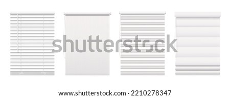 Roller window blinds and curtains, roll jalousie. Isolated vector plastic or aluminum shutter, closed and open louvers front view. Home facade venetian blinds roll jalousie realistic 3d mockup
