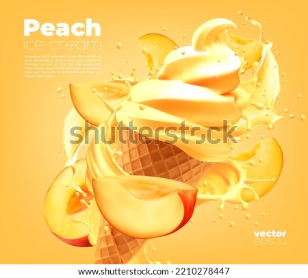 Peach soft ice cream cone with splash on background, vector ad poster. Icecream package with 3d melon fruit and gelato ice cream twist swirl in wafer cup, realistic milk dairy product