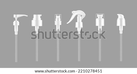 Pump droppers, spray bottle caps and cosmetic container or dispenser lids, vector realistic mockups. White plastic dropper pump of lotion cream, shampoo foam or liquid soap and moisturizer gel caps