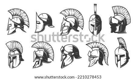 Helmets of spartan, roman and greek warriors or gladiators, vector, trojan or Sparta soldier head armor icons. Centurion helmets of medieval knight, spartan and roman gladiator armour helmets