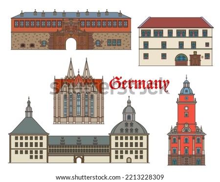 Germany buildings of Gotha and Muhlhausen, vector architecture and German landmarks. Thuringia buildings Petersberg Citadel fortress and Friedenstein Palace, Divi Blasii church and Rathaus city hall