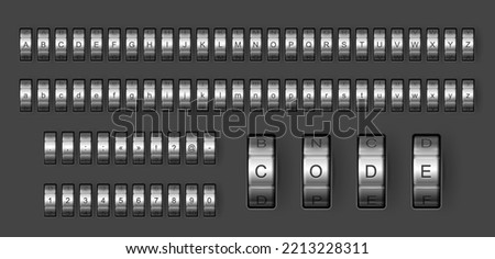 Combination code lock font, padlock type and typeface, vector alphabet letters. Safe box combination code lock font of chrome steel dials, ABC type with metal padlock digit numbers and symbols