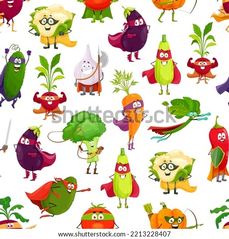 Cartoon vegetables superhero seamless pattern. Vector background with cauliflower, eggplant, squash and cucumber, radish, garlic, broccoli, tomato and spinach. Pumpkin, carrot, red pepper and avocado