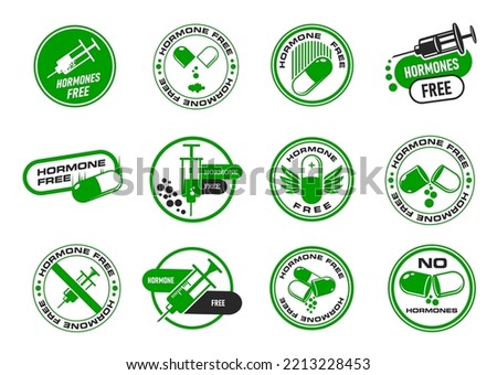 Hormone free icons, healthy organic food stickers and labels, vector stamps. Natural farm meat and no GMO products sign, USDA no hormones icon with syringe and pill for healthy food package badges