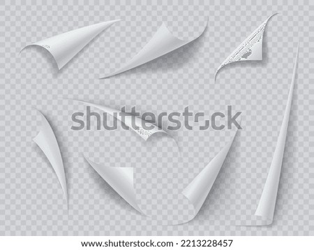 Curly paper page corners. Magazine or book page curly peels, document paper sheet white realistic vector corners, sticker or bookmark bent edge set or transparent background