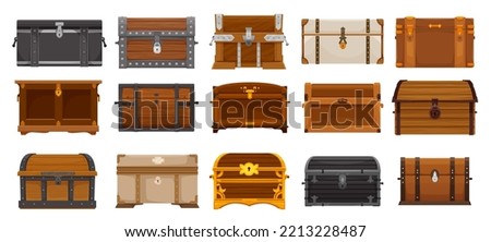 Cartoon chest boxes, wooden treasure trunks isolated set. Ancient royal or pirate coffers ui game vector asset with loot, gem stones, golden coins and treasury. Decorated cases made of wood and metal