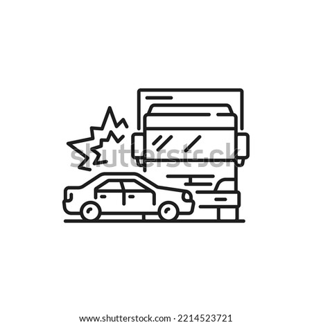 Car crash, damage or accident line icon. Automobile driving safety and insurance thin line symbol. Car collision, traffic violation outline vector pictogram with truck crushing in passenger car