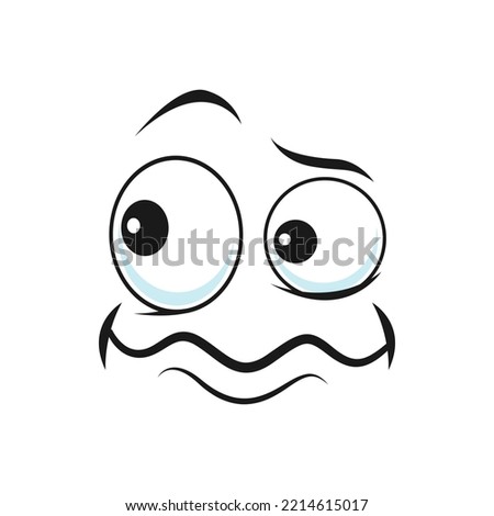 Cartoon disgruntled face vector funny facial emoji with round eyes and tremble mouth. Comic discontented face, wrathy emotion isolated on white background