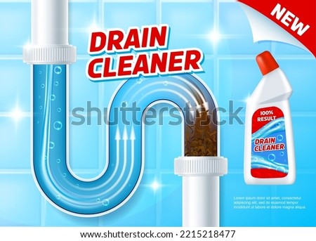 Pipe drain cleaner. Toilet tube cleanup agent cover, toilet or house pipeline unclog chemical liquid realistic vector promo poster. Bath clogged siphon, sewage detergent product advertisement banner