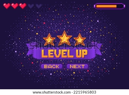 Level up 8bit game, arcade pixel screen. PC platform console victory menu mosaic display. Game level complete vector background with pixel stars, life hearts indicator, interface buttons