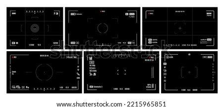 Video and photo camera viewfinder screen display frames. Videography device focus screen, DSLR camera interface vector grid. Camcorder overlay display with shutter speed, aperture, exposure indicator