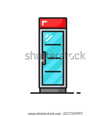 Modern shop refrigerator, industrial fridge, bar chiller isolated color line icon. Vector water drinks freezer with glass door, vertical fridge showcase with display in grocery store, supermarket cafe