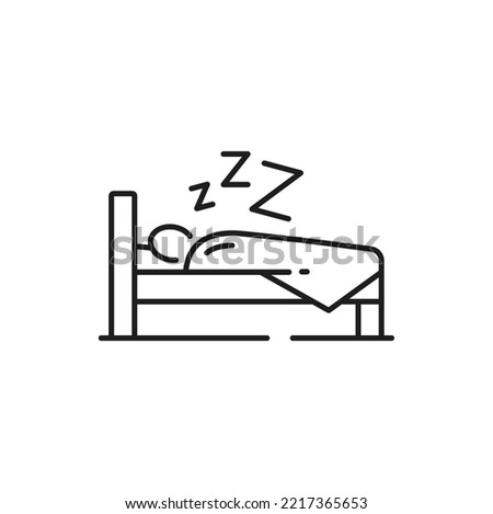 Sleeping person in bed, time to sleep isolated outline icon. Vector man sleeps under blanket, sleeping shelter, hotel or motel symbol. Bedroom or room for sleep, insomnia disorder, sleepless dreamtime