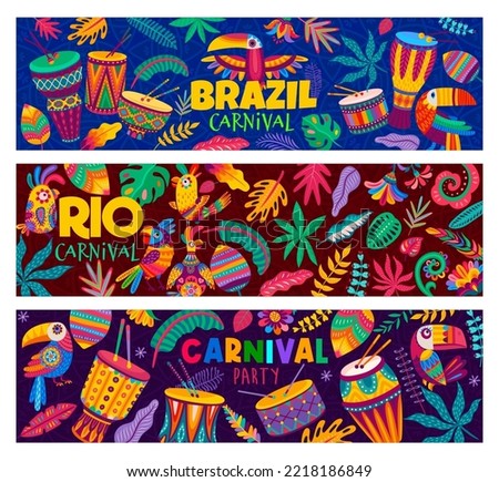Brazilian Rio carnival party banners. Cartoon toucan and parrot birds, drums, flowers and tropical palm leaves. Vector samba dance and music festival, Rio de Janeiro carnival, national holiday posters