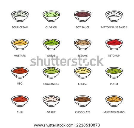 Sauce icons, ketchup BBQ, mayonnaise and mustard in bowls, vector fast food dressing. Sauce bowl line icons of mayo, tomato and soy sauce for barbecue, sour cream, spicy chili and cheese flavor dip
