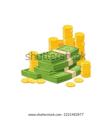 Cartoon money, cash paper bills, dollar banknotes and golden coins stack. Isolated vector heap of currency, lottery win, jackpot, wealth growth, investment or earnings packing piles