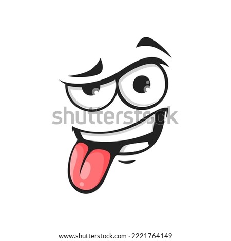 Cartoon face show pink tongue, vector naughty comic character teasing and fooling facial expression. Funny emoji isolated personage