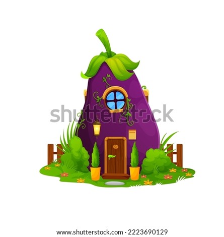 Cartoon fairytale eggplant home or dwelling. Isolated vector fairy tale vegetable house building on green field. Fantasy fnome, dwarf or elf cute cottage with wooden door, round window and fence