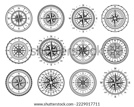 Old compass, vintage map wind rose, vector direction and navigation icons. North, south, west and east star compass symbol with arrows for travel adventure, nautical marine retro cartography wind rose