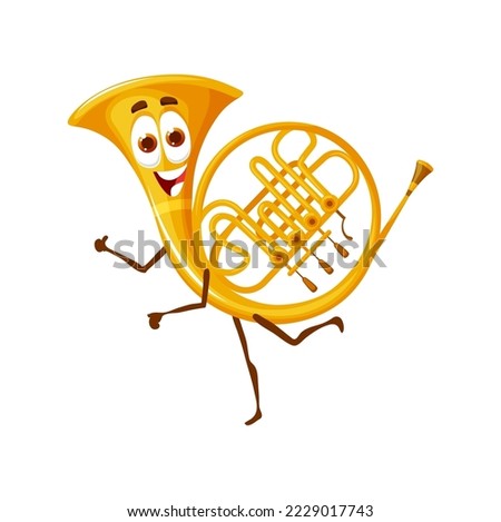 Cartoon french horn character, musical wind instrument. Isolated vector brass pipe, personage for music school, educational classes for kids or concert performance. Funny trumpet with happy smile face