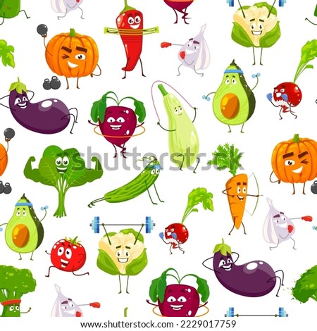 Cartoon vegetables on fitness sport, vector seamless pattern background. Funny vegetable characters, spinach muscleman and pumpkin with gym dumbbells, garlic boxing and cauliflower with barbell
