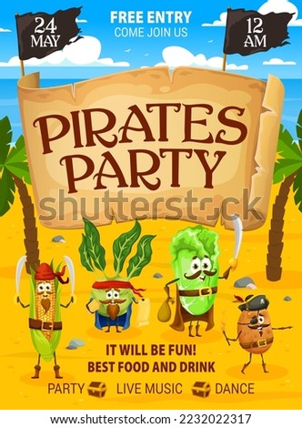 Pirates party flyer, cartoon vegetable pirates and corsairs characters, vector poster. Kids party flyer with funny Caribbean pirate cabbage, corn corsair and potato captain for entertainment event