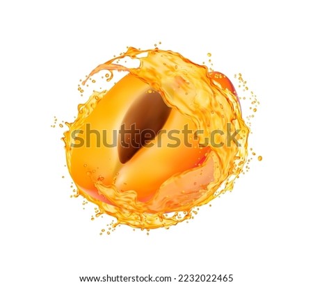 Apricot fruit with juice splash. Isolated vector half of ripe fruit with kernel and liquid transparent refreshing swirl. Realistic 3d fresh vitamin drink whirl with splashing droplets