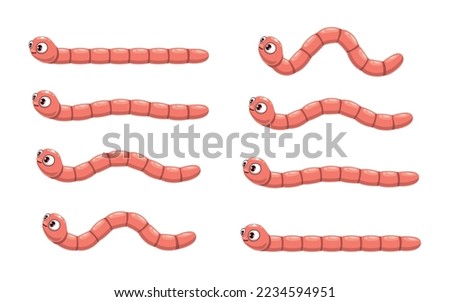 Animated cartoon funny worm. Animation of crawl earthworm. Happy animal movement stages or frames, earth worm funny vector character. Cute earthworm isolated personage animation motion sequence loop