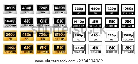 Video resolution icons. Display, monitor or TV definition silver and gold labels, badges, media quality format and 1080p, 4k, ultra HD video resolution and size symbols, monochrome icons or signs