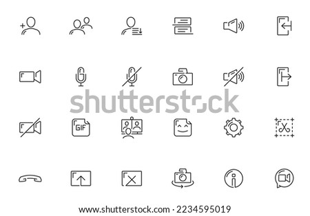 Videocall icons of conference video call interface menu, online chat UI vector line buttons. Videocall or user chat icons of microphone mute, incoming call and settings, file upload or send pictograms