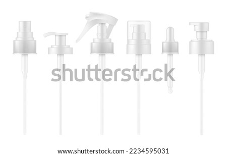 Pump droppers realistic mockup. Cosmetics, skin and body care product container 3d vector dispensers, sprayers and dropper. Shampoo, liquid soap, essential oil or lotion bottle lids with pump droppers