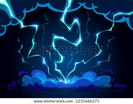 Cartoon blue lightning thunder. Storm thunderbolts strike, shock or discharge, thunderstorm and stormy weather vector background with lightning from sky or magic power light hit or impact in ground