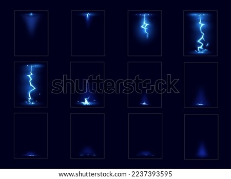 Cartoon lightning sprite animation. Blue vector thunderbolt strikes animated sheet, sequence frame vfx effect. Electric thunder impact at night, isolated sparking discharge hit storyboard