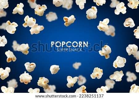 Realistic flying popcorn background. Vector frame of pop corn seeds on blurred blue background with snack kernels and empty copy space. Poster or banner template, promo advertising for fast food