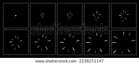 Shine effect sprite. Blast fx game sequence. Vector sunlight sparkle radiance animation stages, motion loop or storyboard. Star flash or boom video effect, explosion glare animated motion frame