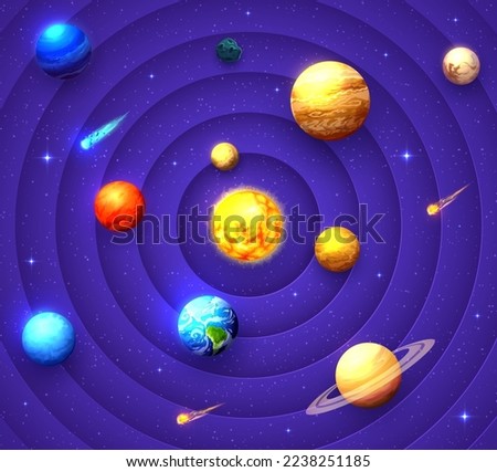 Space solar system paper cut. Vector planets Mercury, Venus and Earth, Mars Jupiter, Saturn and Uranus, Pluto or Neptune spin on Sun orbit. Galaxy, astronomy and cosmos learning sky map 3d paper art