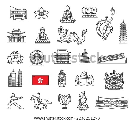 Hong Kong landmark and travel outline icons. Hong Kong doubledecker tram, buddha monument and dragon, pagoda, buddhism temple and skyscraper, flag, coat of arms, ferry and funicular, Mazu goddess