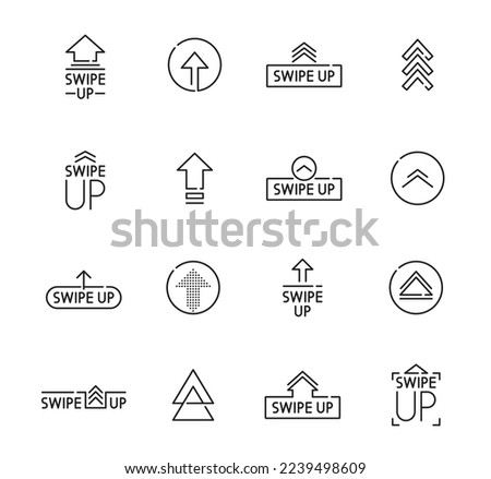 Swipe up icons, arrow buttons to scroll and drag for social media application, vector linear symbols. Mobile app interface buttons to swipe up, flat thin line arrows for website UI and UX