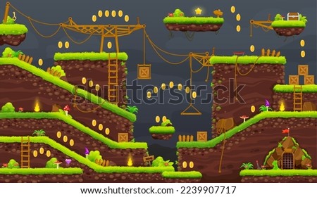2d arcade game night or underground level map interface. Platform, key, stairs, coins and chest icons. Cartoon vector fantasy world location, landscape. Ui design for pc or mobile arcade with asset