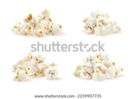 Popcorn stacks, realistic pop corn piles isolated on white background. 3d vector design of fast food, fresh fluffy seed heaps lying on surface with shadow. Appetizing snack for movie cinema